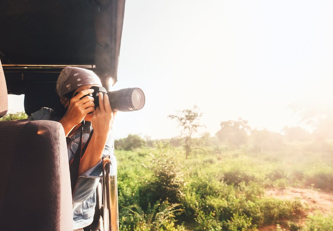 woman photographer takes a picture with professional camera from touristic vehicle on tropical safari